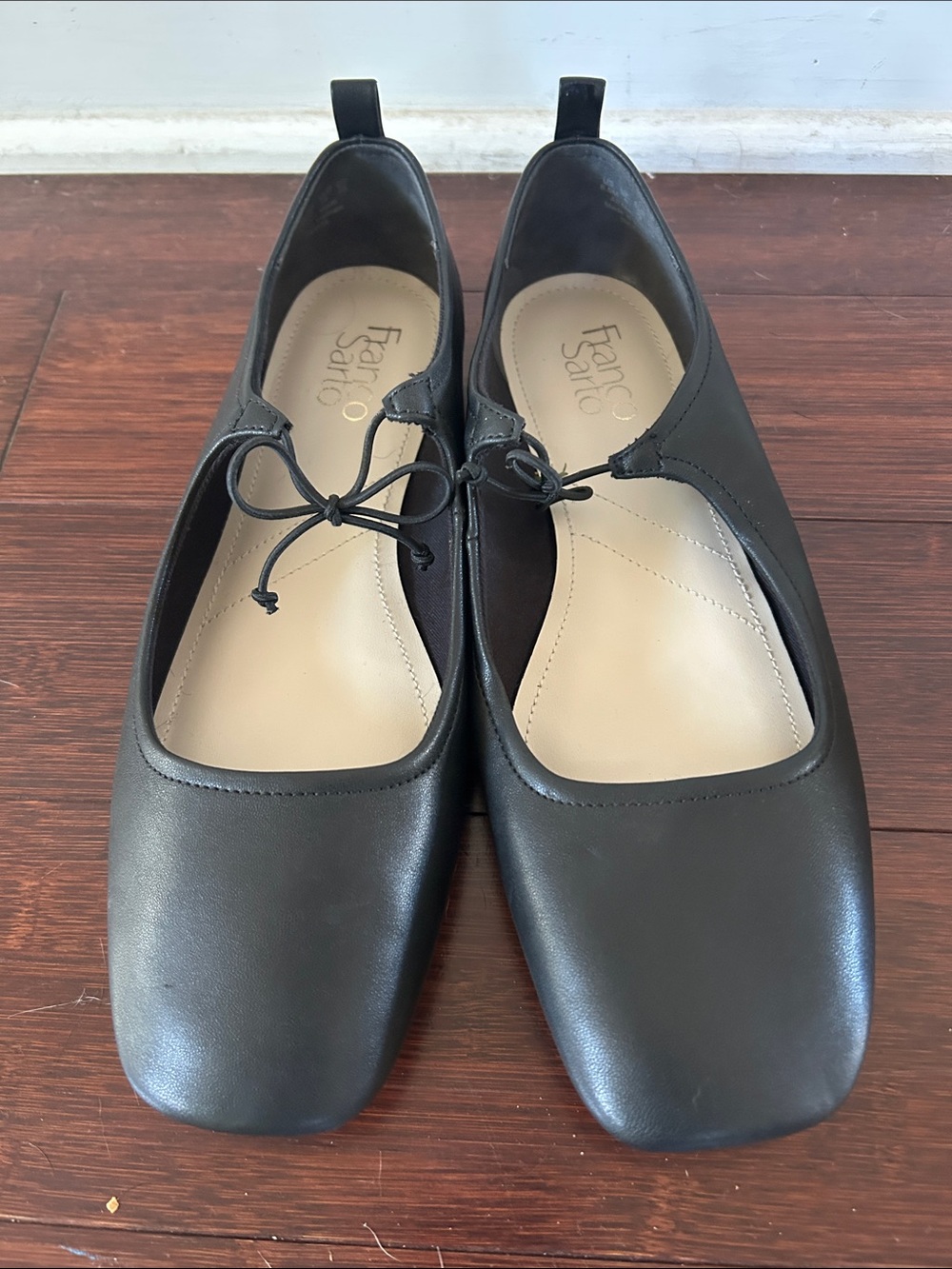 Franco Sarto Black Leather Square-Toe Ballet Flats with Tie Detail